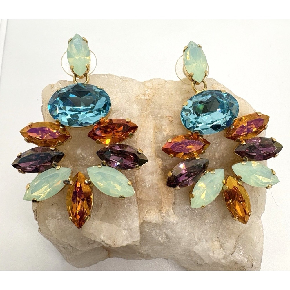 Colorful Rhinestone Dangle Drop Gold Tone Earrings Pierced‎ Statement Heavy